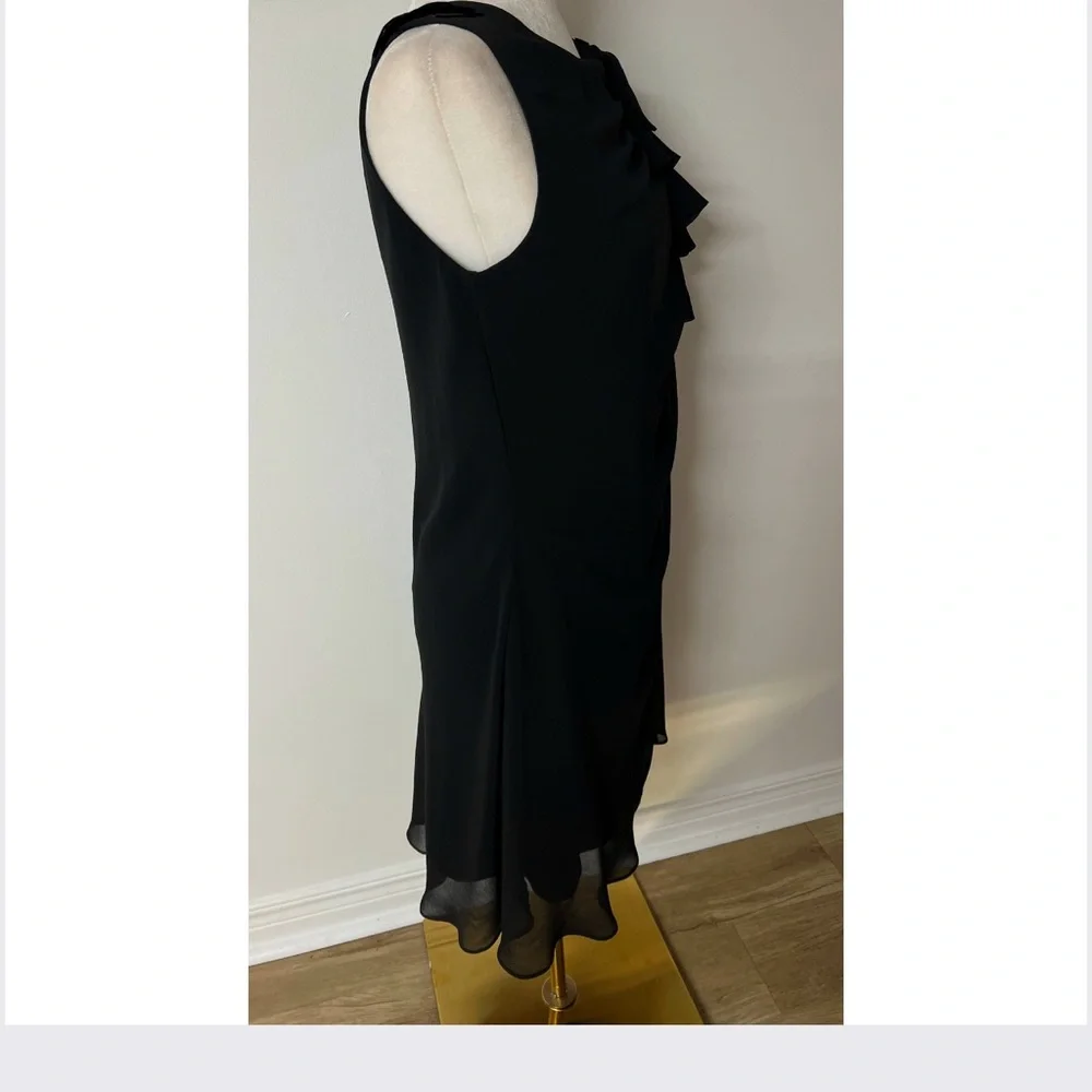 90s Asymmetrical Black Chiffon Dress – Draped Knee-Length with Shoulder Ruffle - Picture 10 of 15